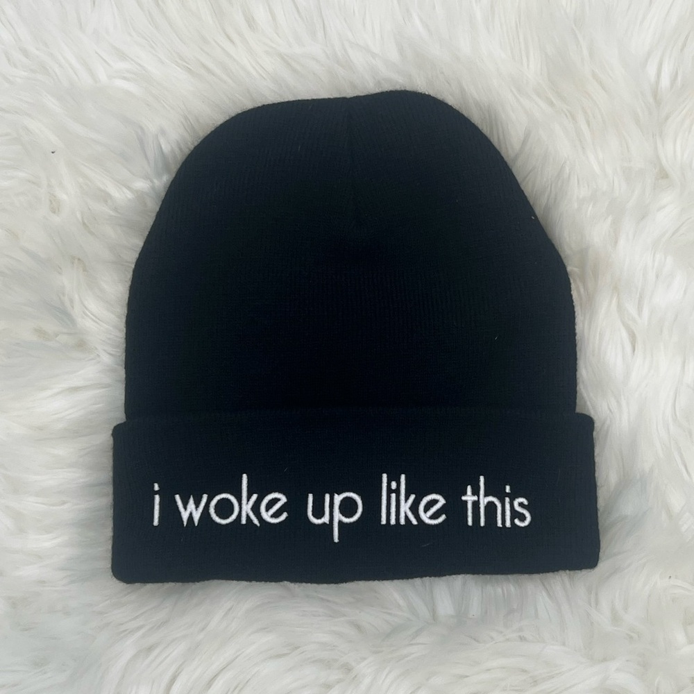 Wet Seal “I Woke Up Like This” Fold Over Black Beanie with Embroidered Text